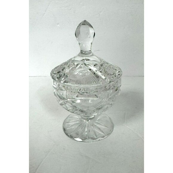 Clear pressed glass vintage candy dish with lid etched floral designs - Picture 1 of 10